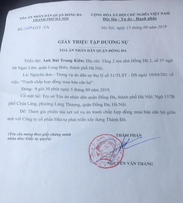 TAND quận Đống Đa đã quyết định mở phiên tòa xét xử vụ công ty Thành Đô bị kiện do vi phạm hợp đồng mua bán căn hộ.