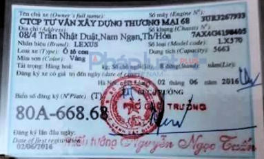 Chiếc Lexus đăng ký lần đầu vào ngày 2/6/2016, chủ sở hữu là Công ty CP tư vấn Xây dựng thương mại 68 có địa chỉ tại Thanh Hóa.