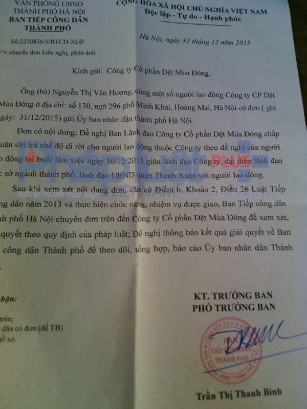 Văn bản 22308 36/5/BTCD-XLD, ngày 31/12/2015 của UBND TP gửi Công ty Cổ phần Dệt Mùa đông.