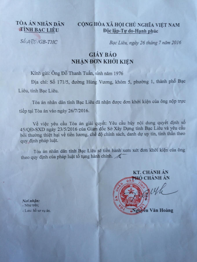 Tòa án nhân dân tỉnh Bạc Liêu thông báo nhận được đơn khởi kiện của ông Tuấn.