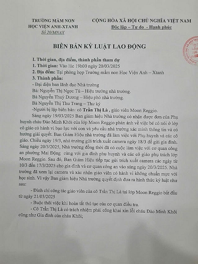 Biên bản kỷ luật lao động đối với các giáo viên liên quan đến sự việc.