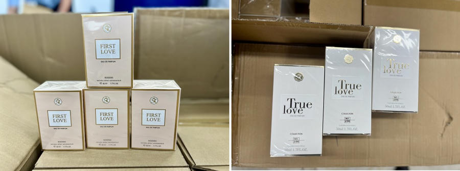 Những sản phẩm nước hoa không rõ nguồn gốc của hot Tiktoker "Phan Thủy Tiên" thường xuyên bán trên livestream. Ảnh: Tổng cục Quản lý thị trường