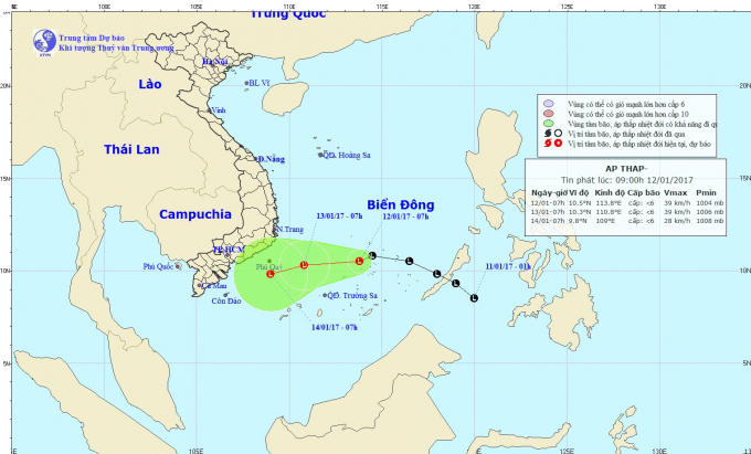 Dự báo hướng đi của áp thấp trên biển. Ảnh: nchmf.gov.vn