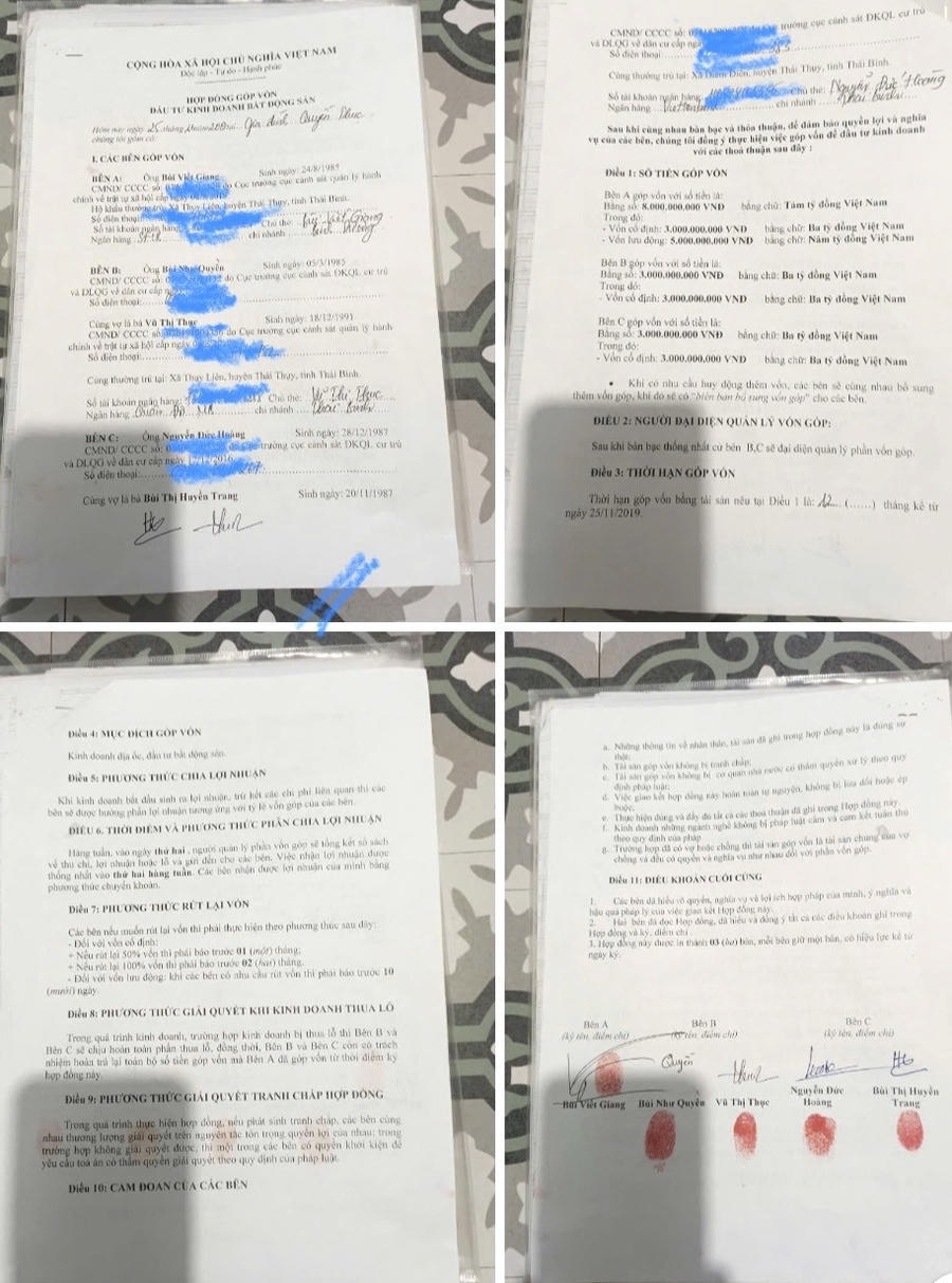 Hợp đồng góp vốn giữa anh Bùi Viết Giang và những người anh đã tố cáo đến cơ quan công an