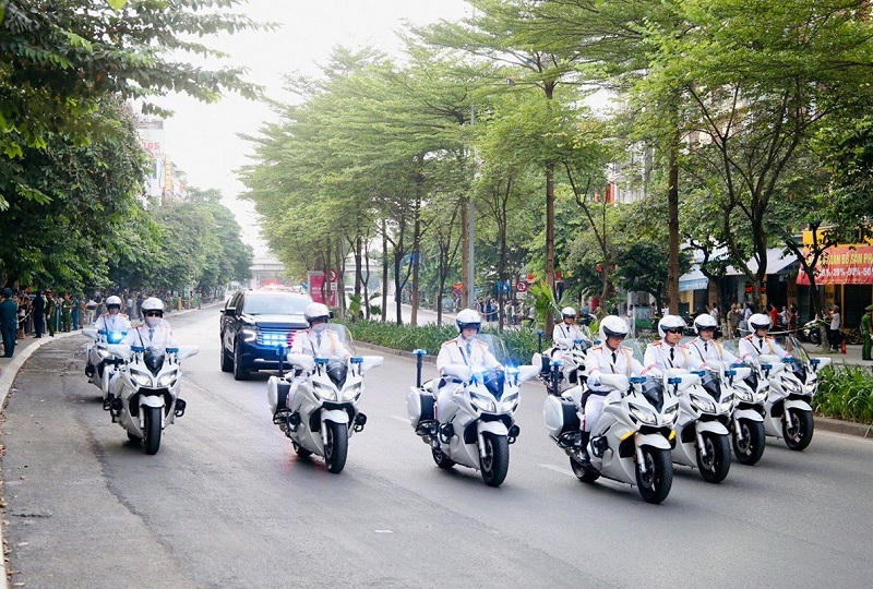Triển khai Đội hình dẫn Đoàn Tổng thống vào khu vực nội thành. Ảnh Công an Hà Nội