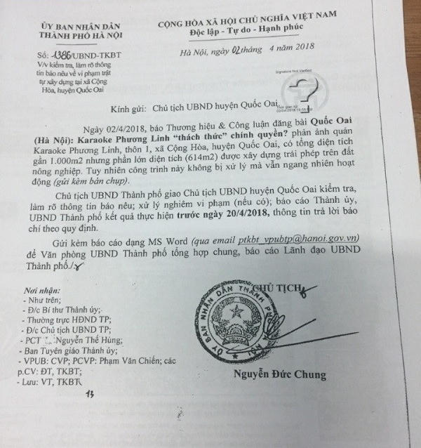 Công văn chỉ đạo của Chủ tịch Nguyễn Đức Chung xử lý những vi phạm quán karaoke Phương Linh.