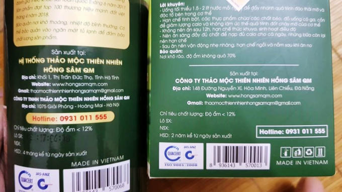 Hai sản phẩm tăng cân và giảm cân của Công ty TNHH Thảo mộc thiên nhiên Hồng Sâm QM đều được in chứng nhận ISO để lừa đảo người tiêu dùng.