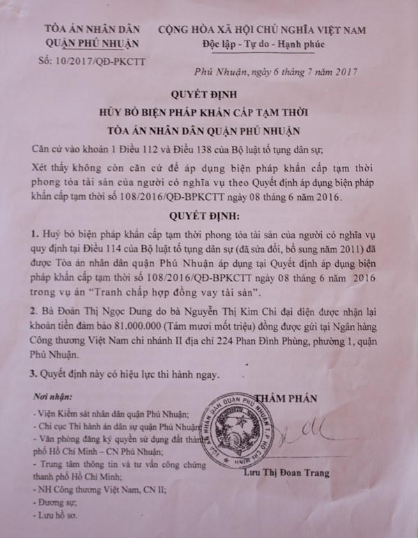 Quyết định số 10/2017/QĐ-PKCTT hủy bỏ biện pháp khẩn cấp tạm thời của TAND quận Phú Nhuận.