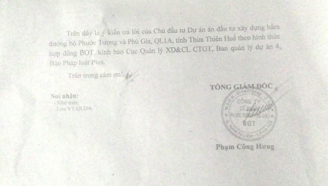 Công văn trả lời của Công ty CP Phước Tượng Phú Gia BOT (Chủ đầu tư dự án) gửi đến Pháp luật Plus.