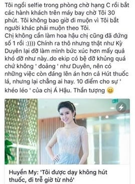 Tài khoản này còn trích dẫn bài báo với nội dung "Huyền My: "Tôi được dạy không hút thuốc, đi trễ giờ từ nhỏ".