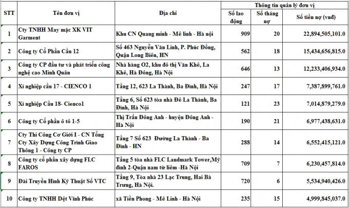 10  đơn vị đứng đầu danh sách nợ bảo hiểm xã hội . Nguồn BHXH Việt Nam.