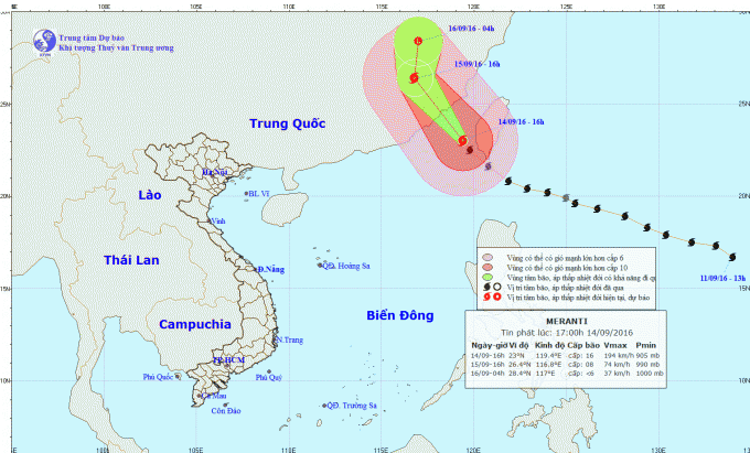 Dự b&aacute;o hướng đi của si&ecirc;u b&atilde;o Meranti. Ảnh: nchmf.gov.vn