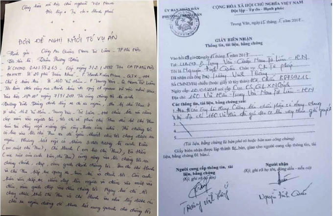 Đơn đề nghị khởi tố của anh Trương Vĩnh Thắng và giấy tiếp nhận đơn tố cáo của cơ quan chức năng.