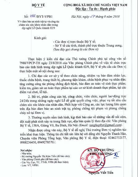 Công văn chỉ đạo của Bộ Y tế về đảm bảo công tác chăm sóc sức khỏe nhân dân.
