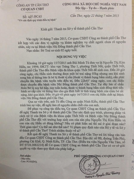 Công văn của PC45 Cần Thơ đề nghị Sở Y tế Cần Thơ làm rõ nguyên nhân cái chết của con anh Tú, chị Hiền