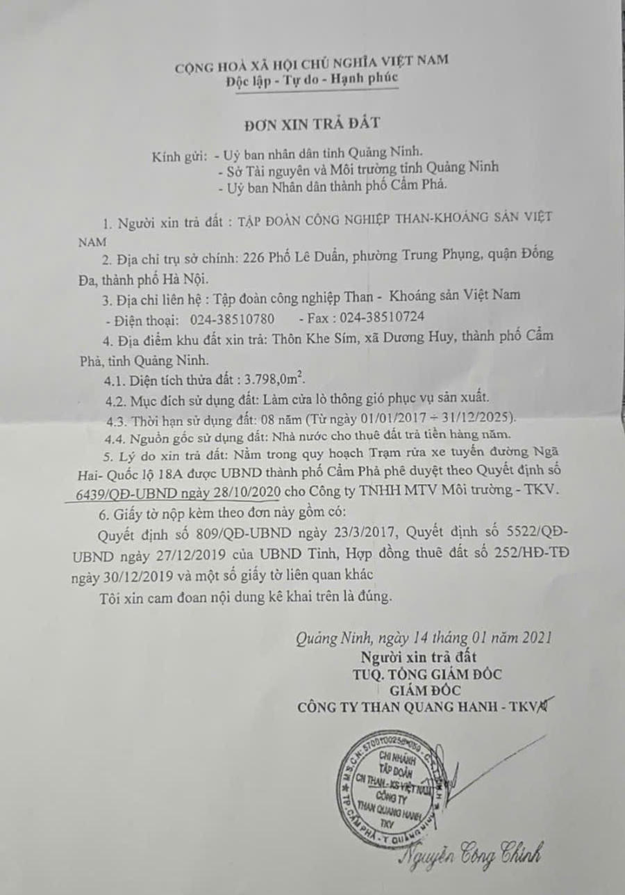 Đơn xin trả lại đất của Công ty than Quang Hanh