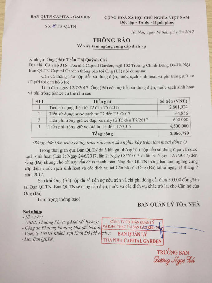 BQL tòa nhà gửi thông báo nêu rõ lý do và thời gian ngừng cung cấp dịch vụ đến cho từng hộ trước khi thực hiện việc cắt điện.