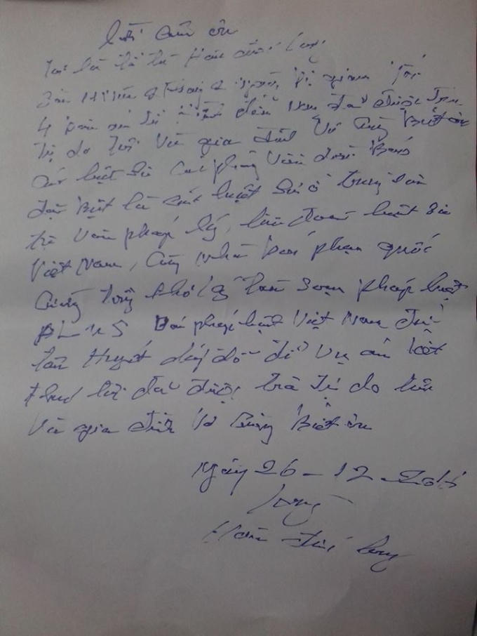 Ông Hàn Đức Long viết thư tay cảm ơn luật sư, nhà báo đã đồng hành giúp ông minh oan