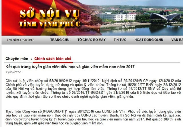 Kết quả đợt thi tuyển giáo viên toàn tỉnh Vĩnh Phúc đăng trên Sở nội vụ tỉnh Vĩnh Phúc.