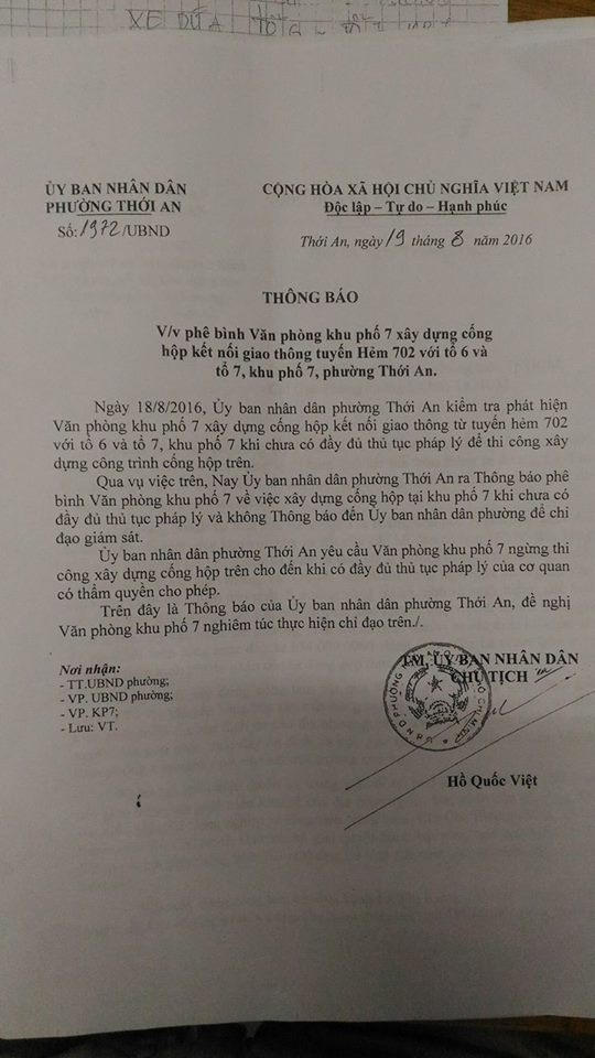 Văn bản phế bình của UBND phường Thới An đối với Tập thể Khu phố 7 vì xây cống không theo quy định pháp luật.