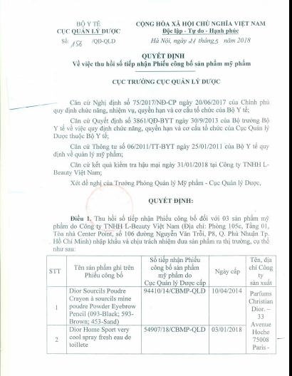 Vì sao Bộ Y tế đình chỉ lưu hành, thu hồi 3 sản phẩm của Dior
