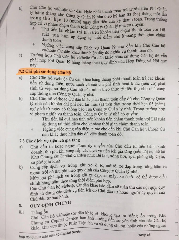 Việc xử lý vi phạm nghĩa vụ thanh toán chi phí sử dụng căn hộ đã được nêu rất rõ trong phụ lục hợp đồng.