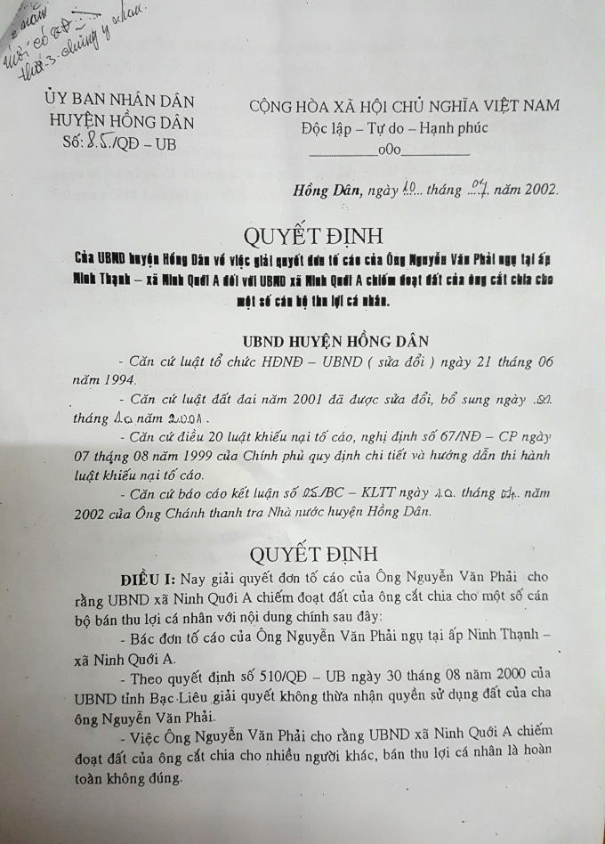 Quyết định của UBND huyện Hồng Dân bác đơn tố cáo của ông Phải