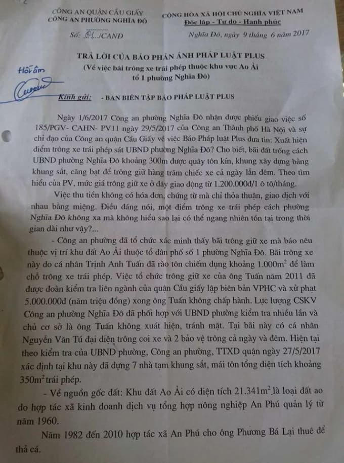 Văn bản công an phường Nghĩa Đô thông tin cho toà soạn Phapluatplus.vn sẽ xử lý vi phạm nhưng không hiểu sao bãi xe vẫn hoạt động bình thường.