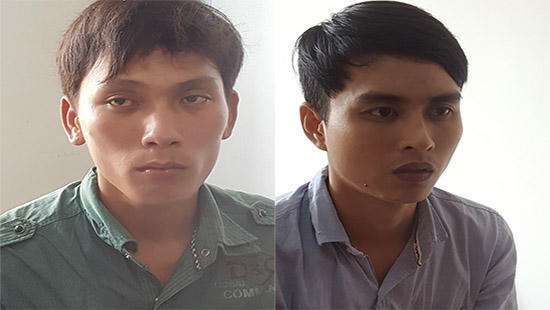 Hai đối tượng giả danh Cảnh sát hình sự là Tống Thái Chân và Nguyễn Út Lọt tại cơ quan công an.