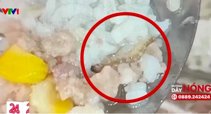 Hình ảnh trong bản tin của VTV24 về việc sinh viên phản ánh phải ăn cơm canh thừa, có "dị vật"