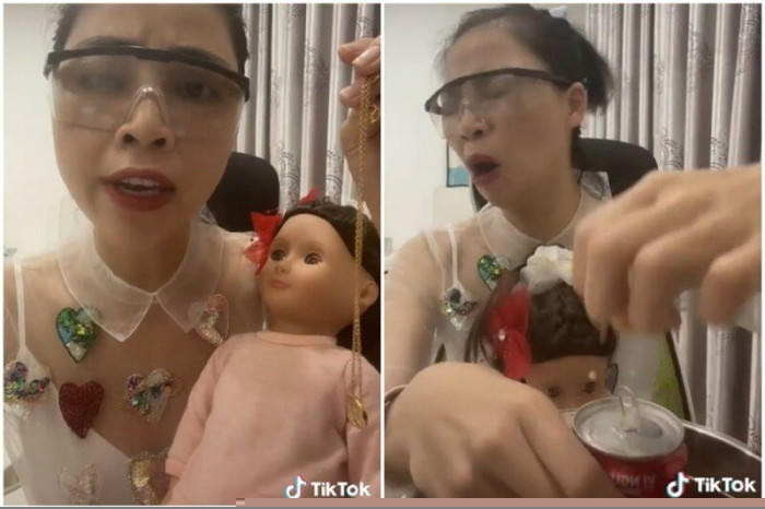 Hình ảnh Thơ Nguyễn xin vía học giỏi từ búp bê giống Kumanthong (ảnh cắt từ clip)