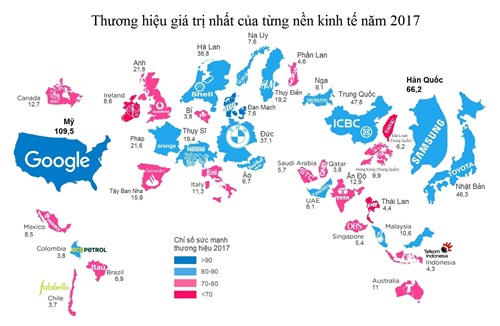 Bản đồ các thương hiệu giá trị nhất thế giới theo từng nền kinh tế.