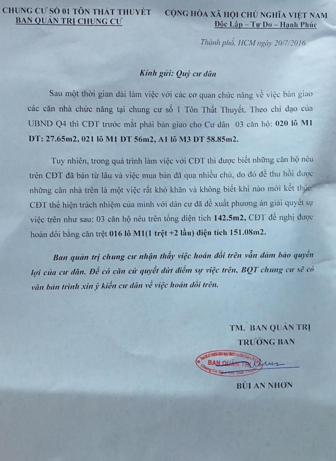 Văn bản do Ban quản trị “tố” chủ đầu tư bán tài sản chung của cư dân.