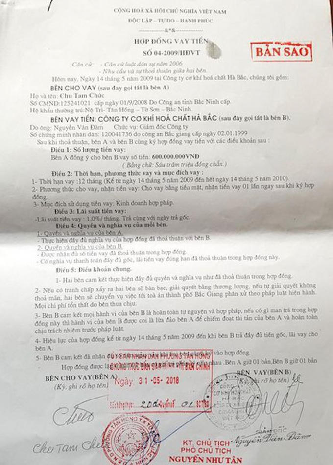 Hợp đồng vay tiền giữa Công ty cơ khí hóa chất Hà Bắc và ông Chu Tam Chức.