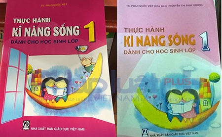 Hình ảnh cuốn sách "Thực hành Kỹ năng sống dành cho học sinh lớp 1" đã thu hồi (màu vàng) và cuốn tái bản cuối năm 2015 (màu hồng). Ảnh: Nguyễn Bảo.
