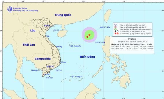 Chiều 27/7, vùng thấp trên biển đã mạnh lên thành áp thấp nhiệt đới. Ảnh: nchmf.gov.vn