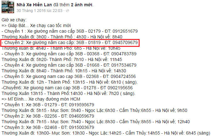 Lịch trình của nhà xe Hiền Lan.
