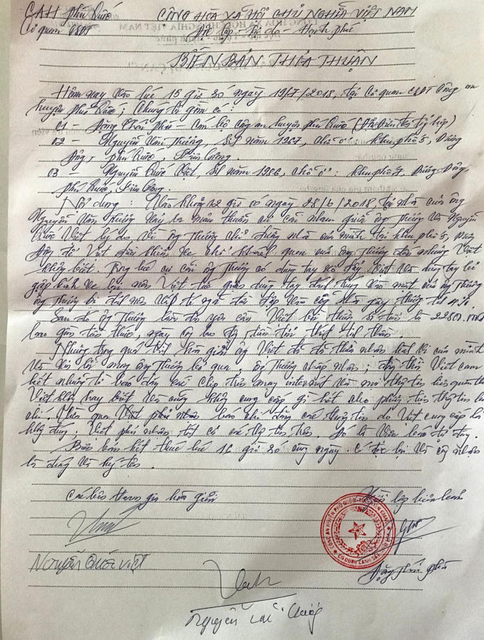 Biên bản thỏa thuận cảu Tài xế taxi Nguyễn Quốc Việt