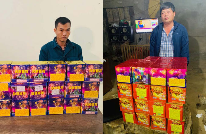 Đối tượng Bùi Đình Trung (trái) và Lê Minh Toàn cùng số pháo thu giữ.