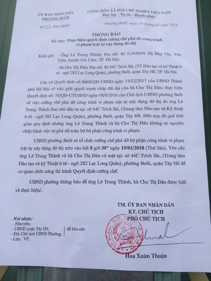 Thông báo cưỡng chế công trình vi phạm của UBND phường Bưởi.