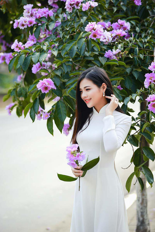Thiếu nữ H&agrave; th&agrave;nh đẹp dịu d&agrave;ng b&ecirc;n hoa bằng lăng