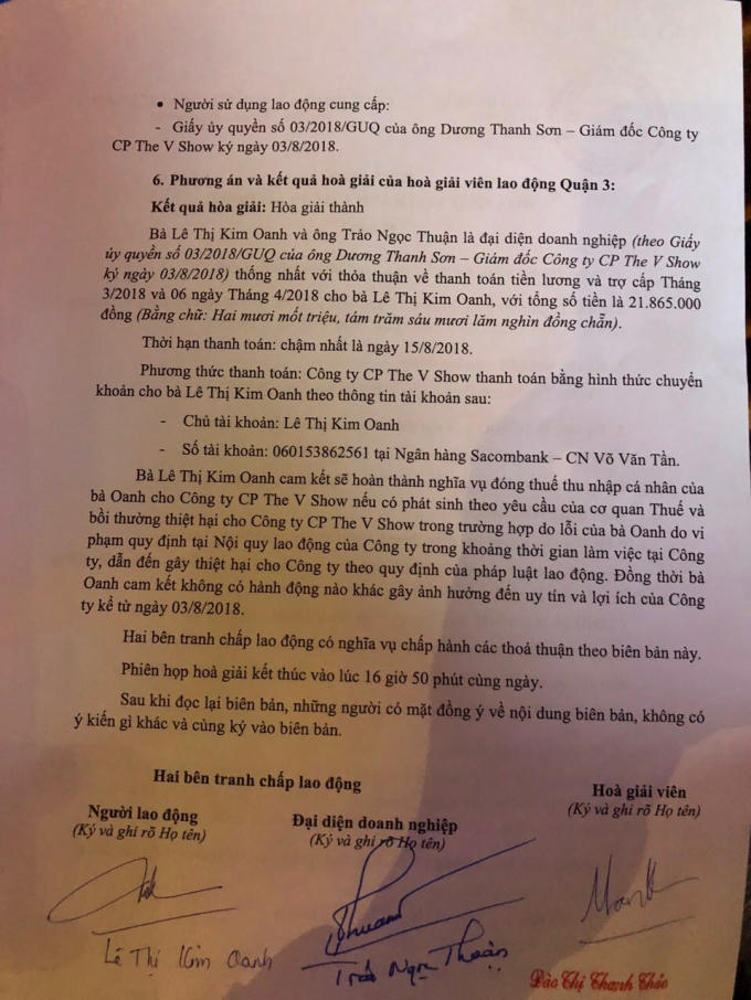 Biên bản hòa giải tranh chấp lao động giữa The V show và chị Lê Thị Kim Oanh.