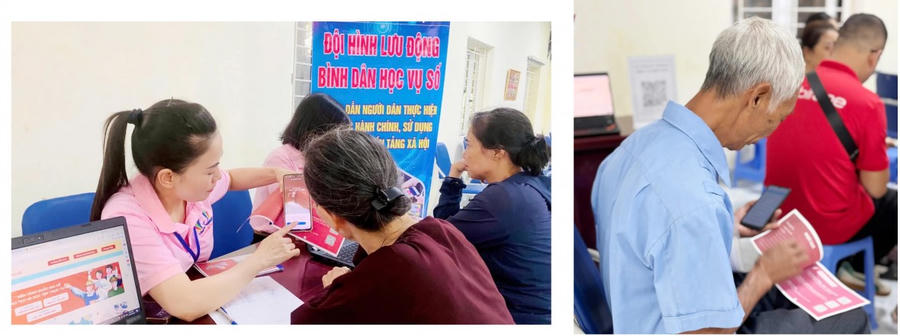 Cán bộ phường Tây Tựu hướng dẫn người dân sử dụng điện thoại thông minh và cấp phát tài liệu "Cẩm nang Tây Tựu số".