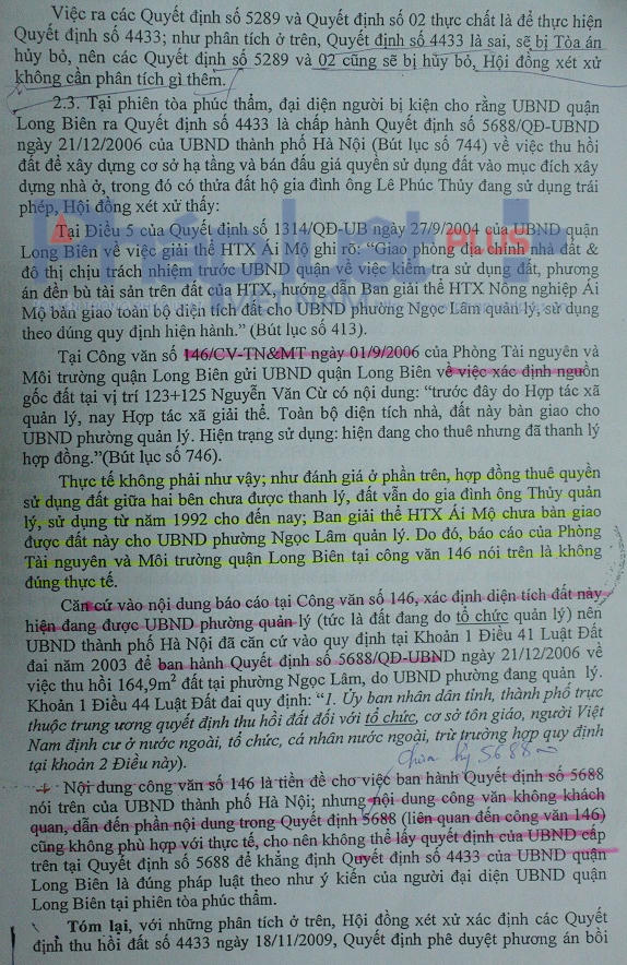 Một phần bản án  của TAND Tối cao – Toà  Phúc thẩm Hà Nội. Trong đó quyết định 5688 của Phòng Tài nguyên và Môi Trường quận Long Biên mà toà đã nói rõ là không đúng thực tế.