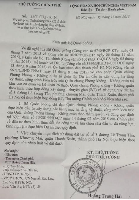 Văn bản do nguyên Phó Thủ tướng Hoàng Trung Hải ký.