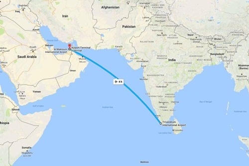 Hành trình theo kế hoạch của chuyến EK521 từ Sân bay Quốc tế Thiruvananthapuram, Ấn Độ tới Sân bay Quốc tế Dubai, UAE.   Đồ họa: Google.