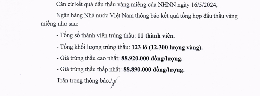 Kết quả đấu thầu hôm 16/5.