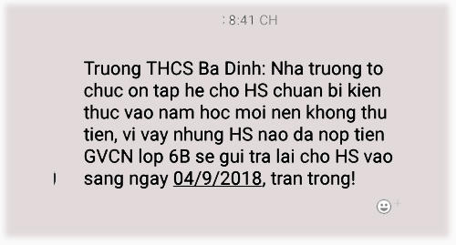 Sau khi Pháp luật Plus phản ánh việc lạm thu, trường THCS Ba Đình đã phát đi thông báo trả lại tiền cho phụ huynh. (Ảnh: A.Thắng)