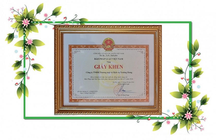Giấy khen tuyên dương Công ty TNHH Thương mại và Dịch vụ Trường Hưng