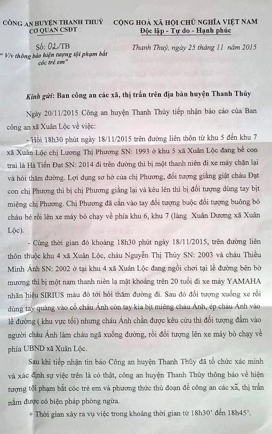 Tình trạng bắt cóc trẻ em diễn ra thường xuyên và manh động trên địa bàn tỉnh